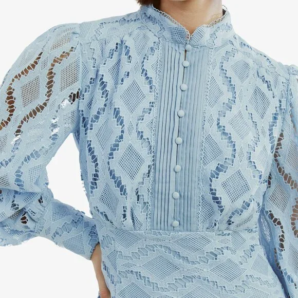 bardot light blue lace dress Fun To Flirt Blue Bardot Boho Lace Trim Chambray Dress main image 0